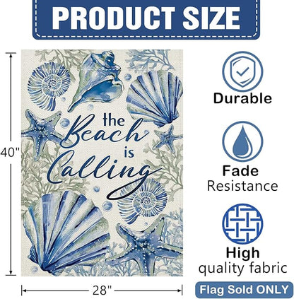 Dyrenson Spring Summer The Beach is Calling 28 x 40 House Flag Double Sided, Coastal Conch Starfish Coral Pearl Garden Yard Decorations, Nautical Seasonal Burlap Outdoor Decor Decorative Large Flag