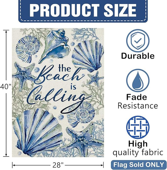 Dyrenson Spring Summer The Beach is Calling 28 x 40 House Flag Double Sided, Coastal Conch Starfish Coral Pearl Garden Yard Decorations, Nautical Seasonal Burlap Outdoor Decor Decorative Large Flag
