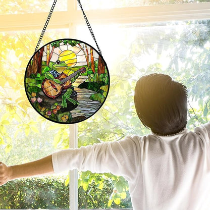 DASTOLL Stained Glass Window Hanging, Frog Playing Guitar Suncatcher Diamond Glass Panel Funny Sun Catchers Decor for Birthday for Women, Men, Wife, Aunt, and Mom 6.3 in