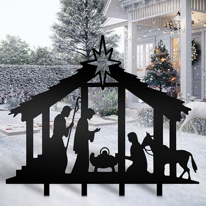 Cinnvoice 40" x 31" Large Christmas Metal Yard Stakes Christmas Garden Stakes Waterproof Xmas Outdoor Yard Decor with Stake for Xmas Holiday Lawns Outdoor Decor(Nativity, Black)