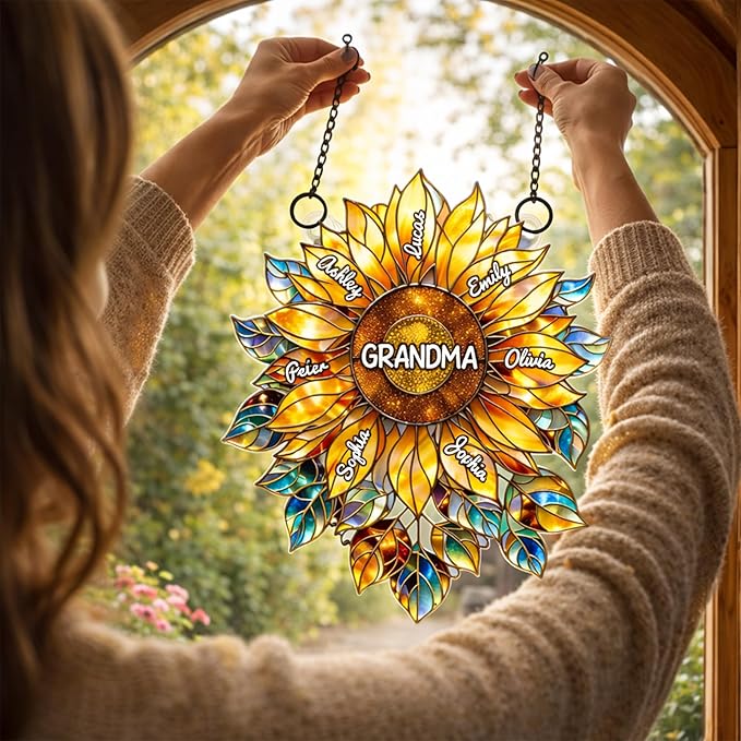 Personalized Grandma Sunflower Stained Glass Suncatcher, Custom Grandkids Names Window Hanging, Sunflower Ornament for Grandma, Window Decor Gift, Gift for Mother’s Day