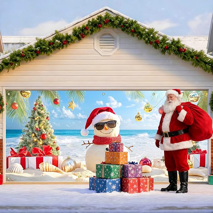 IVN Christmas Holiday Garage Door Banner 6x13 ft Tropical Sandman Scene Backdrop Garage Door Cover Mural with Palm Tree Ornaments Christmas Garage Door Covers Decorative for Winter Beach Party