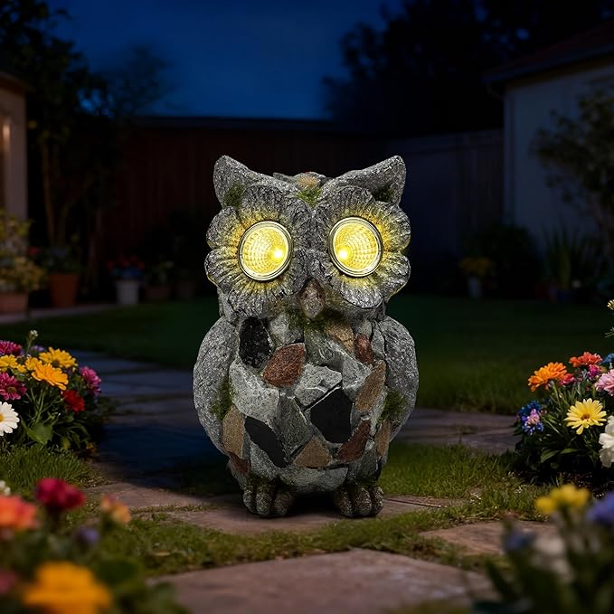 Garden Owl Statue Outdoor Decor with Solar Lights, Resin Owl Figurines for Patio Yard Porch Lawn Solar Owls Decorations Birthday Gift for Women Bird Lovers