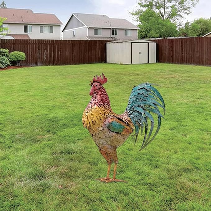 Garden Statues Metal Rooster Decor 12" Tall Indoor Outdoor Metal Rooster Yard Statue Decoration Outdoor Garden Statues Metal Chicken Yard Ornaments Decor