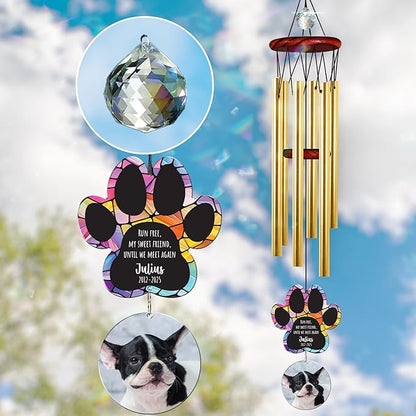 Personalized Pet Memorial Wind Chimes, Custom Photo Crystal Paw Print Suncatcher Ornament, Pet Keepsake Memorial Sympathy Gift for Loss of Dog Cat Lover, Remembrance Wind Chimes Outdoor Décor
