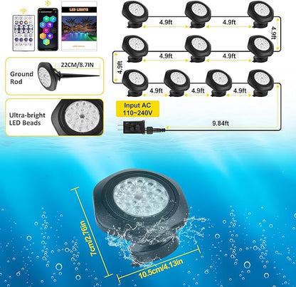 T-SUN Submersible RGB LED Pond Lights – IP68 Waterproof Fountain Lights with Smart App & Remote, 16 Million Colors Underwater Lighting for Koi Ponds/Garden Water Features Aquarium (10-Pack)