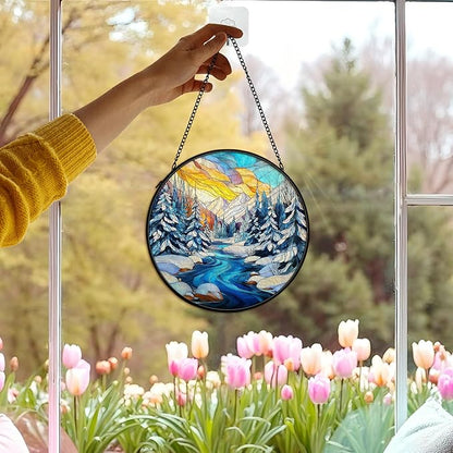 Winter Wonderland Christmas Suncatcher Stained Glass Window Hanging Decorstions, Landscape Stained Glass Wall Decor, Winter Solstice Gifts, Forest Garden Sun Catchers Window Art, 7.9x7.9 Inch
