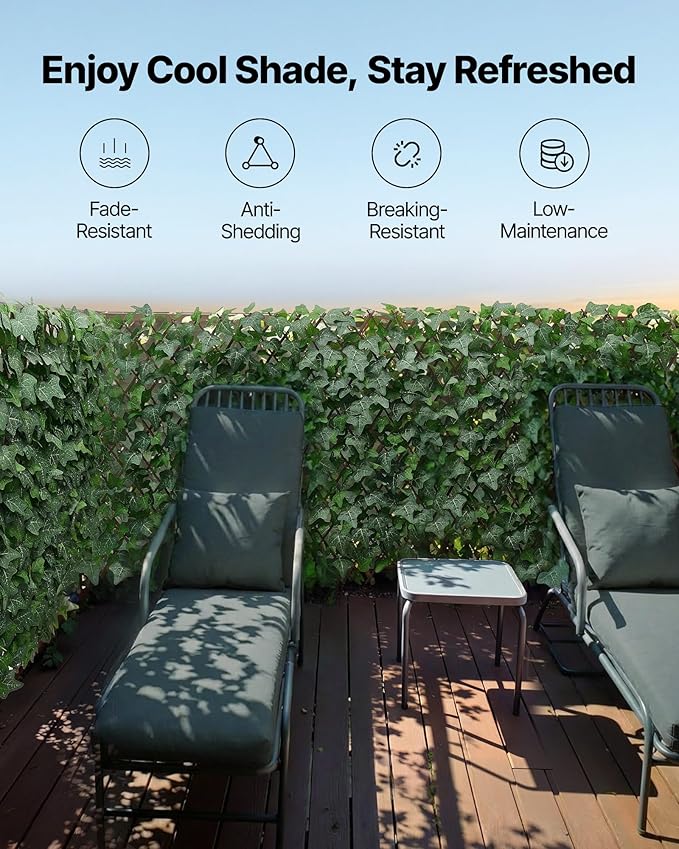 VEVOR Expandable Fence Privacy Screen, 25 x 126 in Expand Artificial Plant Wall, Realistic Artificial Ivy Panel with 50 Zip Ties, Decorative Faux Greenery Backdrop Hedges for Balcony Patio Outdoor