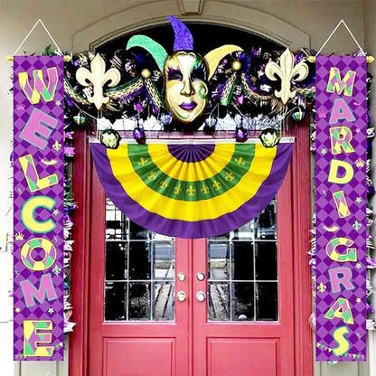 4Pack Graduation Decorations & Mardi Gras 2x4Ft Bunting Flag Purple Green Gold Bunting Banner Party Decor for Fence Porch Outdoor, Class of 2026 Graduation Party Supplies