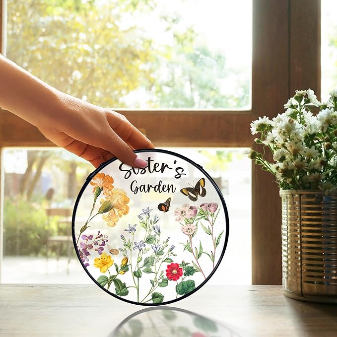 TNUW Sister Gifts Stained Glass Window Hanging, Best Sister Gifts from Brother Sun Catchers Indoor Window Glass Round Wall Art Decor, Sister's Garden Wall Hanging Decorations, 7.9＂x7.9＂