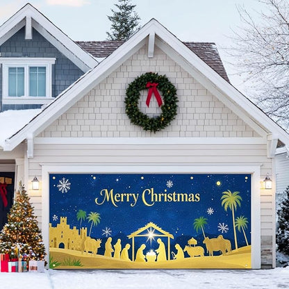 HOMETITUTE Christmas Garage Door Banner 13x6ft Gold Nativity Scene with Baby and Figures Blue Night Sky Green Palm Trees Gold Castle Holiday Outdoor Yard Decor Seasonal Party Backdrop