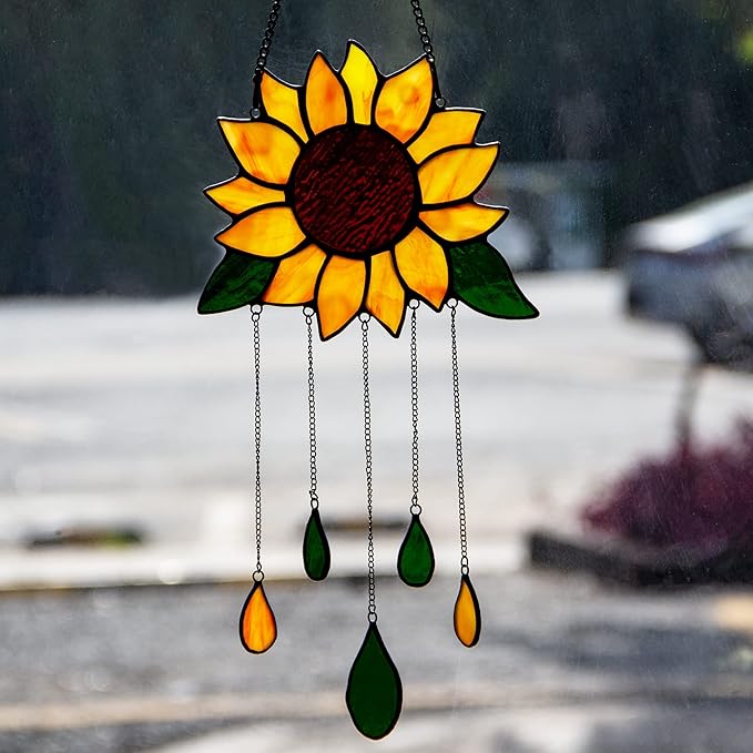 Sunflower Stained Glass Window Hanging,Sunflowers Birthday Party Decorations,Outdoor Suncatcher for Patio,Kitchen and Garden Decor,Sunflower Gift for Mom,Women and Grandma