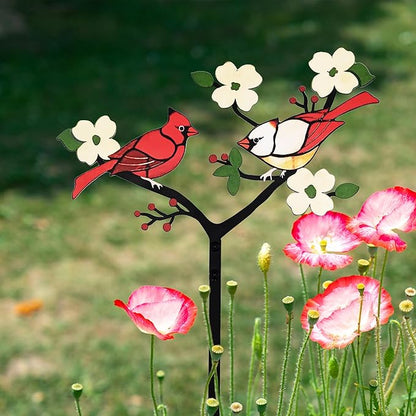 Cardinal Decor Red Bird Figurine Metal Garden Stake Cardinal Bird Decorative Red Cardinal on Branch Outdoor Decor for Balcony, Yard, Lawn Gift for Mom, Bird Lover