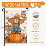 Happy Fall Pumpkins Scarecrow Garden Flags Double Sided Burlap Autumn Yellow Pumpkin Owl Yard Flag Seasonal Outside Patio Farmhouse Garden Yard Lawn Outdoor Decorative 12 x 18 Inch