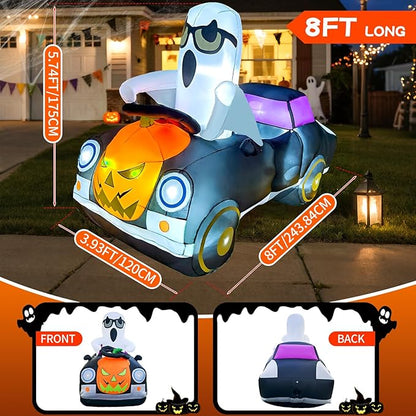 2025 Halloween Inflatables Monster Truck 8FT Long Ghost Driving a Pumpkin Car Inflatable Decor Outdoor with Build-in 12 Lights Car Blow Up Yard Decorations Cute Ghost Car BlowUp for Party Garden Lawn