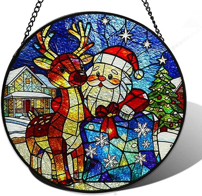 Christmas Stained Glass Suncatchers for Windows, Santa Claus Christmas Stained Glass Window Hanging, Garden Suncatchers for Home Decor, Garden, Patio, Gift for Women Men