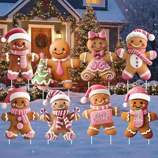 8 Pcs Christmas Gingerbread Man Yard Signs with Stakes Outdoor 3D Gingerbread House Decoration Xmas Yard Stakes Lawn Signs for Christmas Holiday Pathway Garden Patio Party Favors (Elegant)