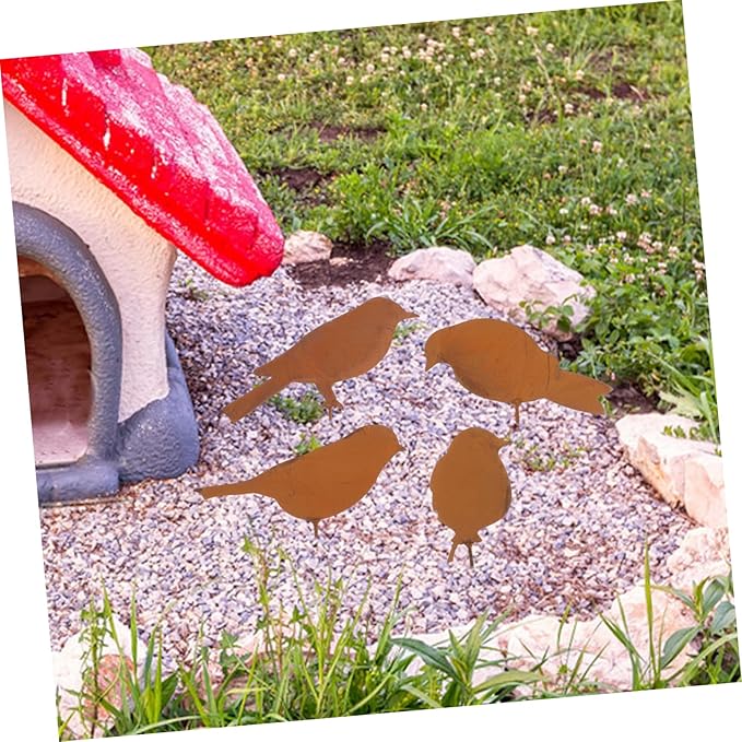 Kisangel 4pcs Rustic Metal Bird Figurines Decorative Garden Ornaments for Outdoor Patio and Sturdy for Flower Bed and Fence Decor