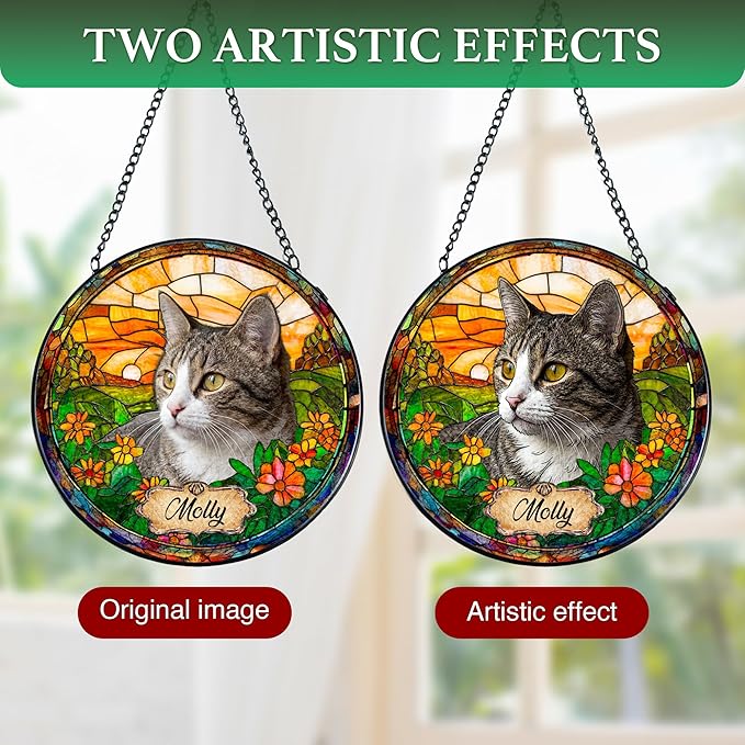 Personalized Pet Stained Glass Suncatcher, Dog Cat Memorial Window Hanging, Sympathy Bereavement Potrait Photo Gift for Loss of Pet, Remembrance Gift for Cat Dog Lovers