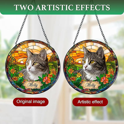 Personalized Pet Stained Glass Suncatcher, Dog Cat Memorial Window Hanging, Sympathy Bereavement Potrait Photo Gift for Loss of Pet, Remembrance Gift for Cat Dog Lovers