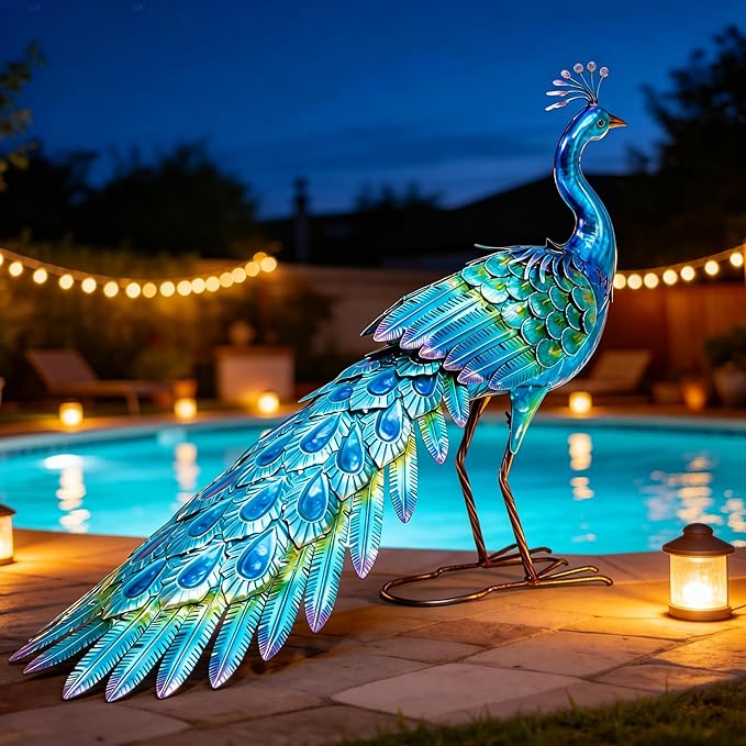 23" H Metal Peacock Yard Decor - Handmade Oversize Peacock Sculptures with Stable Ground Stakes, Backyard Decoration, Metal Garden Art