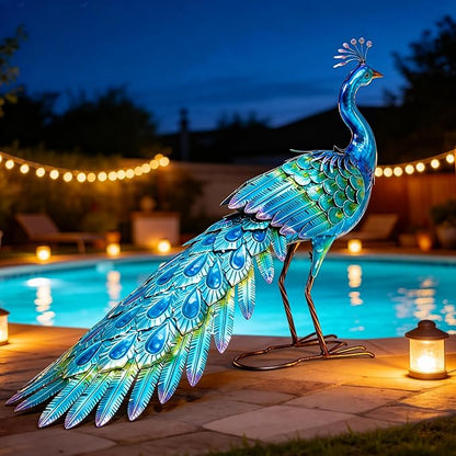 23" H Metal Peacock Yard Decor - Handmade Oversize Peacock Sculptures with Stable Ground Stakes, Backyard Decoration, Metal Garden Art