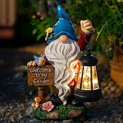 ZQQLITE Garden Gnome Statues Figurine Lights - Solar Powered Lighting Outdoor Decorations with Lantern & Welcome Sign, Yard Art Lawn Ornaments for Porch Patio Balcony - Gnome Gifts for Women Mom