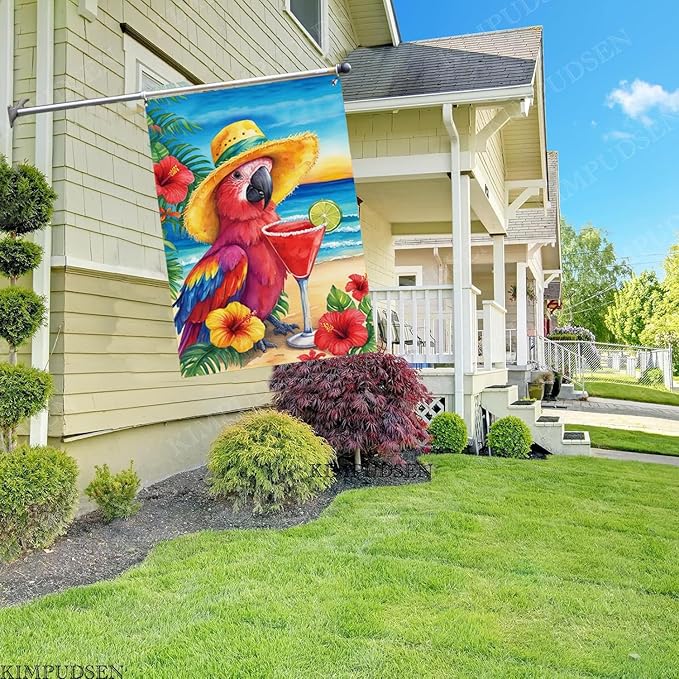 Summer Tropical Parrot House Flag 28x40 Inch Double Sided Outside, Colorful Beach Yard Decor Large Burlap Garden Flag for Outdoor Holiday Decoration