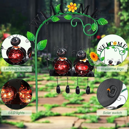 Glooglitter Ladybug Swing Solar Light Metal Summer Ladybug Hanging Animal Lady Bugs Live Garden Decorative Gift with Welcome Sign Waterproof Solar Outdoor Lights for Patio Balcony Pathway Lawn Yard