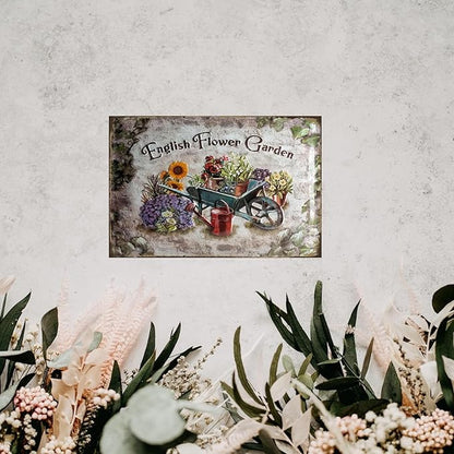 Flowers Metal Poster, Country Rustic Tin Sign, English Flower Garden, Yard Garage Farm Outside Wall Decor Plaque Outdoor for Home Fence 8 X 12 Inch