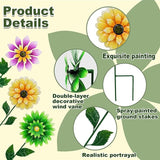 3 Pack Metal Flower Wind Spinners, Kinetic Garden Stakes with H-Base, Colorful 3D Floral Windmills for Yard, Patio, Lawn, and Pathway Decor (Yellow, Green, Purple)