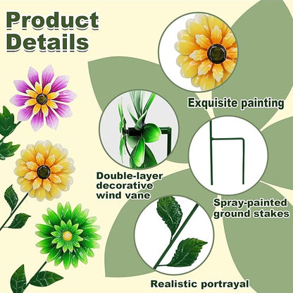 3 Pack Metal Flower Wind Spinners, Kinetic Garden Stakes with H-Base, Colorful 3D Floral Windmills for Yard, Patio, Lawn, and Pathway Decor (Yellow, Green, Purple)