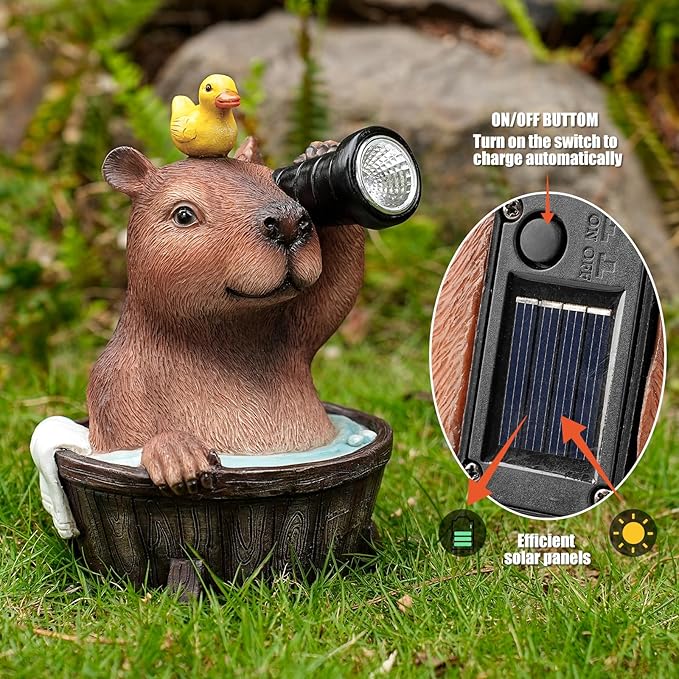Joint Honglin Capybara Solar Garden Statue – Funny Outdoor Resin Animal Decor with Flashlight & Duck – Waterproof Yard Lawn Ornament with LED Light – Solar Powered Figurine for Patio, Porch, Landscape