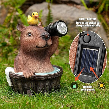 Joint Honglin Capybara Solar Garden Statue – Funny Outdoor Resin Animal Decor with Flashlight & Duck – Waterproof Yard Lawn Ornament with LED Light – Solar Powered Figurine for Patio, Porch, Landscape