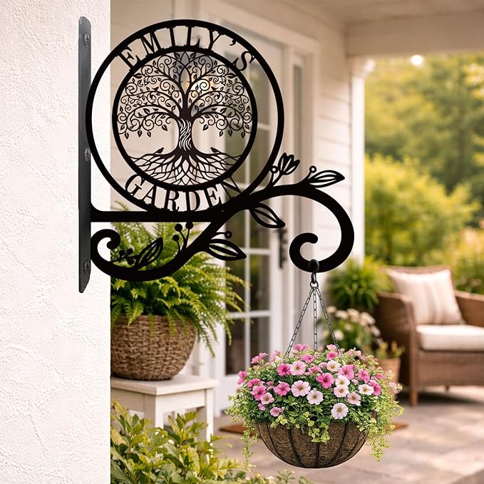 Personalized Tree of Life Metal Plant Hanger Custom Name Wall Hook for Hanging Plants Flower Basket Bird Feeder Wind Chime Garden Porch Outdoor Indoor Farmhouse Decor Mothers Day Housewarming Gift