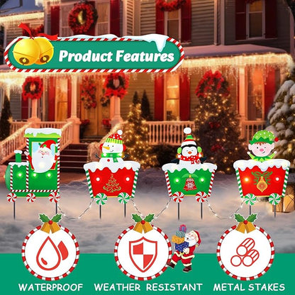 WONDER GARDEN Christmas Yard Stakes, 4 PCS LED Light Christmas Train Decor with Santa Claus, Snowman, Penguin and Elf Yard Signs Yard Decorations for Lawn Decorations