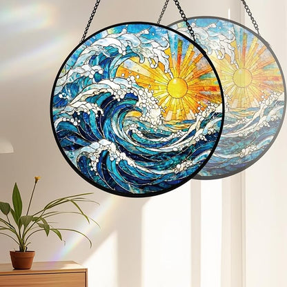 Stained Glass Window Hanging, Sun and Sea Waves Stained Glass Suncatcher, Window Decor Sea Wave Scenery Lover Gift for Women, Couples, Best Friend, Family, Colleague, Classmate 7.8 Inch
