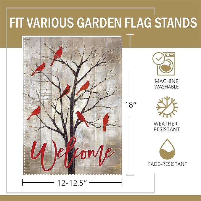 Vintage Cardinal Tree Welcome Decorative Garden Flag, Retro Memorial Red birds Small Yard Outside Decorations, Farmhouse Rustic Burlap Outdoor Home Decor Double Sided 12 x 18