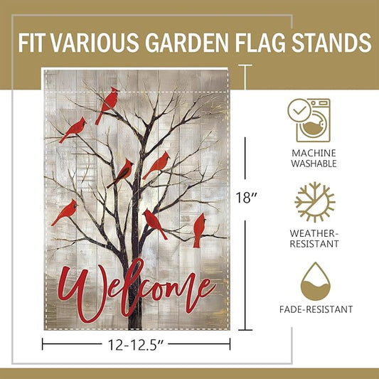 Vintage Cardinal Tree Welcome Decorative Garden Flag, Retro Memorial Red birds Small Yard Outside Decorations, Farmhouse Rustic Burlap Outdoor Home Decor Double Sided 12 x 18
