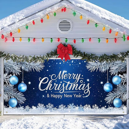 IVN Christmas Garage Door Cover Decoration 13x6ft Blue Night Snowflakes Silver Ornaments Pine Branches Merry Christmas Winter Garage Door Banner Home Door Front Yard Decor for Xmas Eve Holiday Outdoor