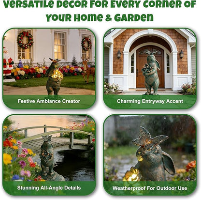 Solar Garden Statues, Resin Bunny Statue w/ Flower, Waterproof Figurine Rabbit Solar Lantern for Outside Yard Outdoor Home Patio Lawn, Solar Animal Lights for Adults Women Birthday Easter Gifts