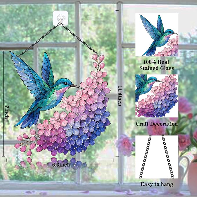 Stained Glass Window Hanging Suncatcher Hummingbird with Flowers Bird Sun Catcher Wall Decor for Bedroom Pink Room Decor Gifts for Mom, Bird Lovers, Friends