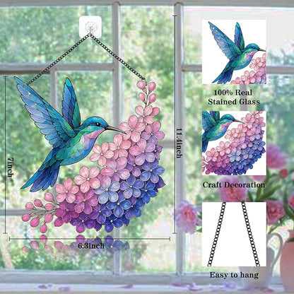 Stained Glass Window Hanging Suncatcher Hummingbird with Flowers Bird Sun Catcher Wall Decor for Bedroom Pink Room Decor Gifts for Mom, Bird Lovers, Friends