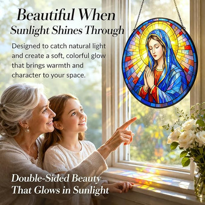 Virgin Mary Suncatcher Window Hanging, 7.8" Stained Glass Mother’s Day Religious Gift for Mom, Grandma and Friends, Catholic Christian Decor for Window, Prayer Room, Sunroom and Office