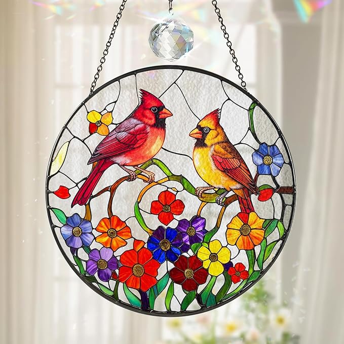 Cardinal Stained Glass Suncatcher for Window Hanging, Red Birds Home Decor, Stained Glass Cardinal Ornament for Bird Lovers, Mom, Grandma, Memorial and Sympathy Gift