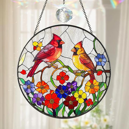 Cardinal Stained Glass Suncatcher for Window Hanging, Red Birds Home Decor, Stained Glass Cardinal Ornament for Bird Lovers, Mom, Grandma, Memorial and Sympathy Gift