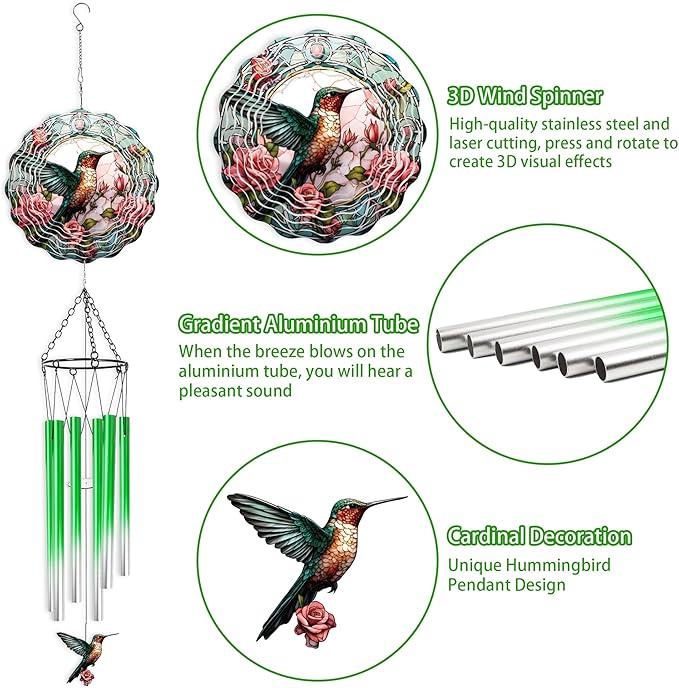 Hummingbird Wind Chimes with Wind Spinner, Mothers Day Birthday Gifts for Women Mom Friends Teacher, Humming Bird Windchimes, Outdoor Hanging Decor for Garden Patio Backyard Porch