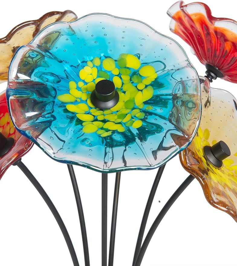 Dale Tiffany AS23099 Fiore Bloom Hand Blown Glass Flower Art Glass Sculpture with Metal Stand for Indoor Garden Patio Decoration, Multi Color, 6-Plate 26" Tall