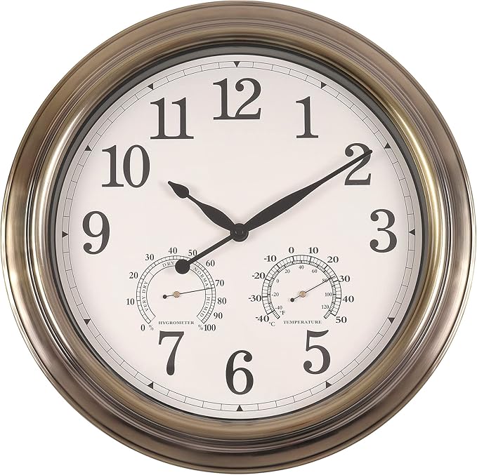 16 Inch Outdoor Clocks, Metal-Frame Outdoor Clocks Waterproof, Silent Outdoor Wall Clock for Patio Pool, Bronze