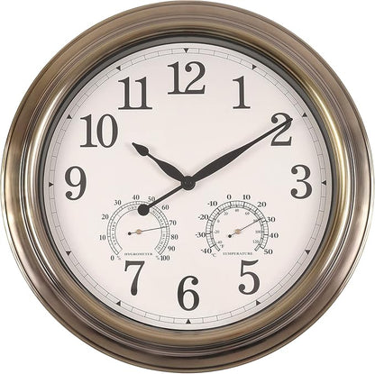 16 Inch Outdoor Clocks, Metal-Frame Outdoor Clocks Waterproof, Silent Outdoor Wall Clock for Patio Pool, Bronze